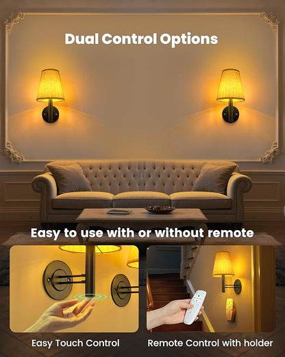 TECOMLIGHT Rechargeable Battery Operated Wall Sconce Set of 2, Wireless LED Wall Lights with Remote & Touch Control, Wall Mounted Lamp Lighting Fixtures for Bedroom Living Room, Matte Black