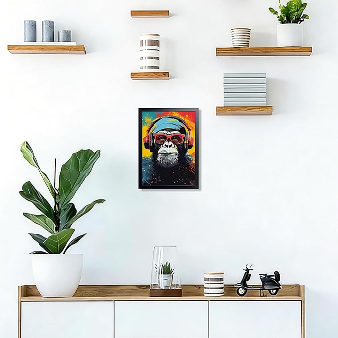 Framed Cool Monkey Wall Art, With Headphones and Sunglasses Chimp Wall Decor, Colorful Graffiti Canvas Print Poster, Cool Animal Oil Painting for Boys Bedroom Gaming Room Home Decor 12x16 Inch