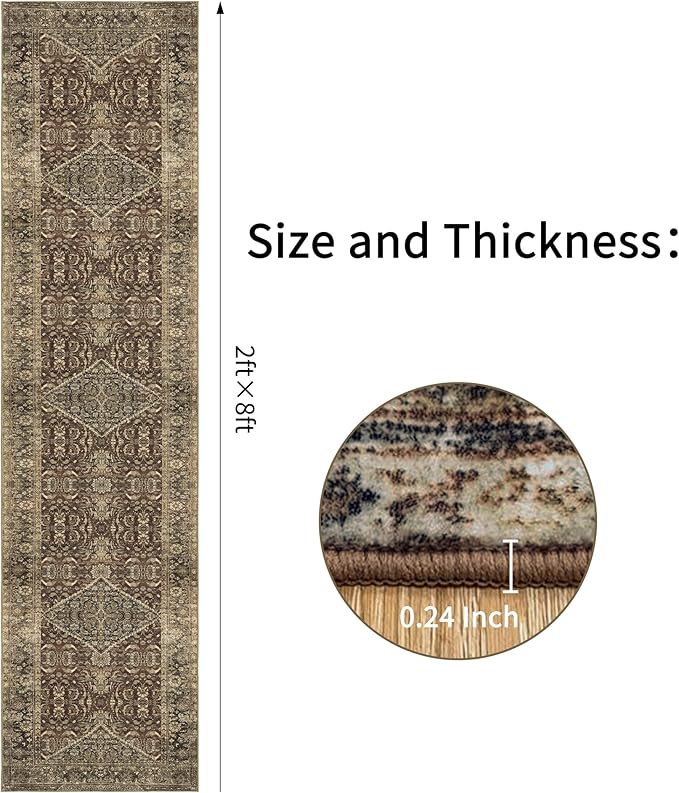 Non-Slip Runner Rugs for Hallway: 2x8 Washable Long Rug for Entryway Kitchen Bathroom Bedroom Indoor - Vintage Home Decor Mat Carpet - Brown