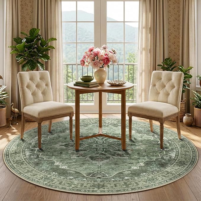 RELEANY Area Rugs Round 5ft Washable Non-Slip, Floral Vintage Distress Print Pattern Medallion Carpet for Living Room Bedroom Dining Room, Dark Green Gray