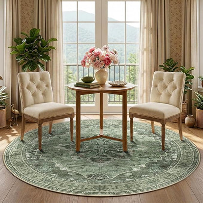 RELEANY Area Rugs Round 5ft Washable Non-Slip, Floral Vintage Distress Print Pattern Medallion Carpet for Living Room Bedroom Dining Room, Dark Green Gray