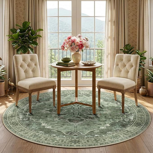 RELEANY Area Rugs Round 5ft Washable Non-Slip, Floral Vintage Distress Print Pattern Medallion Carpet for Living Room Bedroom Dining Room, Dark Green Gray