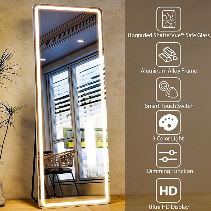 Full Length Mirror with LED Lights, LED Mirrors Full Length Floor Mirror Full Body Mirror for Bedroom Wall Mounted Free Standing (Rectangle, 71" L×26" W)