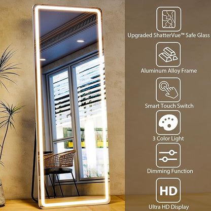 Full Length Mirror with LED Lights, LED Mirrors Full Length Floor Mirror Full Body Mirror for Bedroom Wall Mounted Free Standing (Rectangle, 68" L×26" W)
