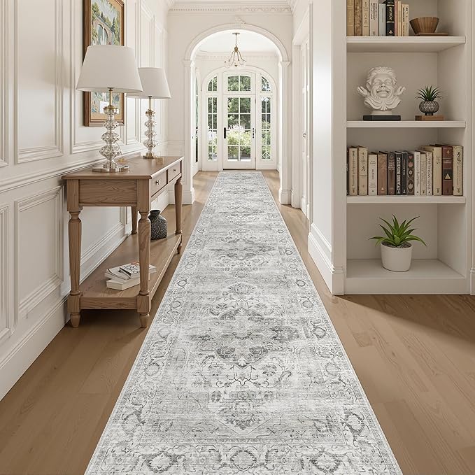 Washable 2.6x16 Runner Rug - Non Slip Long Vintage Hallway Runner Rugs for Kitchen Stain Resistant Indoor Mat Waterproof Carpet for Living Room Entryway Ivory/Gray