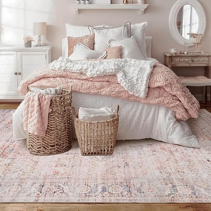 Girl Pink Area Rug 6x9 Washable Rug Non Slip Soft Baby Nursery Carpet Neutral Living Room Kids Bedroom Floor Covering, Pink and Grey