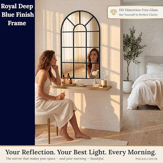Blue Arched Windowpane Mirror 32x20 Inch, Decorative Mirrors for Wall Entryway Living Room, Farmhouse Arch Window Pane Mirror, Large Wall Mirror for Home Decor