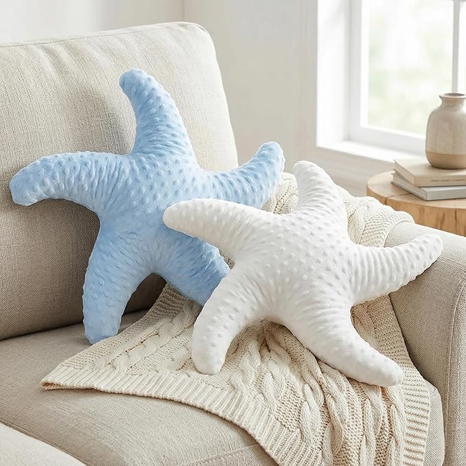 XIAJIA 2 PCS Starfish Pillow Decorative Throw Pillow, 19.68x19.68 Inch Coastal Beach Pillow, Ocean Decor Beach Themed Room Accent Pillow for Couch Bed Bedroom（White/Blue）