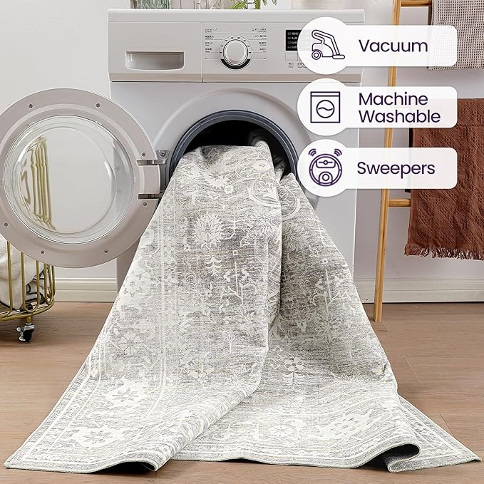 DEXI Area Rugs for Living Room, 5x8 Washable Low Pile Vintage Traditional Rug for Bedroom, Non Slip Indoor Carpet for Dining Office Nursery, Light Grey