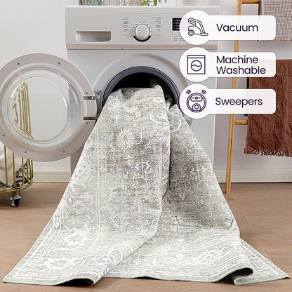 DEXI Area Rugs for Living Room, 5x8 Washable Low Pile Vintage Traditional Rug for Bedroom, Non Slip Indoor Carpet for Dining Office Nursery, Light Grey