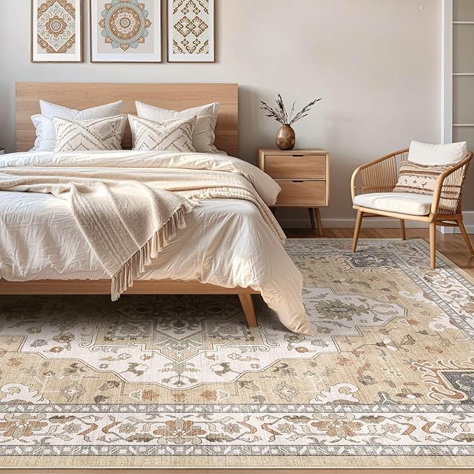 8x10 Area Rugs Living Room: Washable Boho Large Neutral Vintage Soft Rug Stain Resistant Farmhouse Non-Slip Indoor Floor Retro Carpet for Bedroom Nursery Kids Office Dining Room- Sand Gray