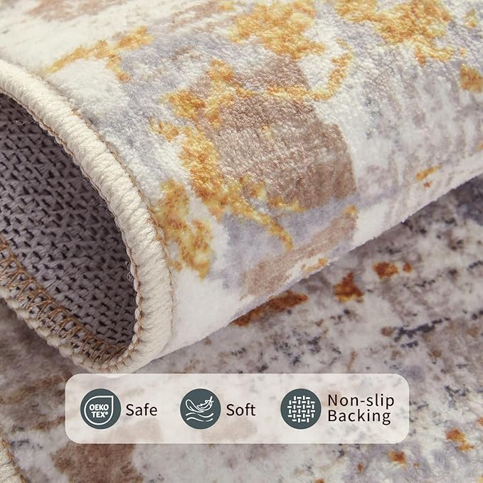 Rugxara 6x9 Washable Area Rug for Living Room, Modern Abstract Large Boho Rugs for Office, Dining Room, Kids Room, Farmhouse, Durable Low Pile Non Slip Carpet for High Traffic Areas, Gold Beige