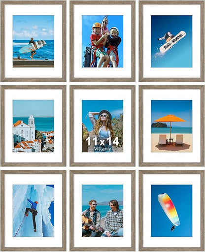 Vittanly 11x14 Picture Frames Set of 9, Display 8x10 Pictures with Mat or 11x14 without Mat, Photo Frames for Wall or Tabletop with Plexiglass, Engineered Wood, Grayish Brown