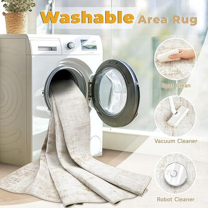 8x10 Area Rug for Living Room: Washable Abstract Soft Rugs Non Slip Modern Stain Resistant Low Pile Carpet for Dining Room Bedroom Nursery Office (Beige, 8'x10')