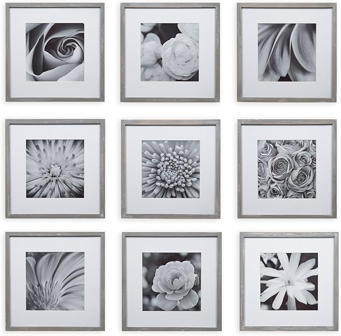 GALLERY PERFECT 12x12 Picture Frames, 9 Piece Set with Real Glass Cover for 8x8 Photos With Mat, Picture Frames Collage Wall Decor for Gallery Wall, Home Decor, Grey