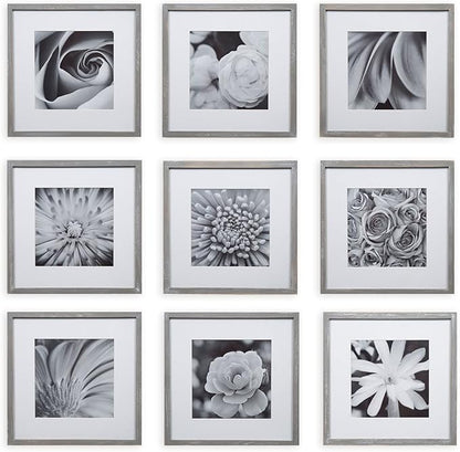 GALLERY PERFECT 12x12 Picture Frames, 9 Piece Set with Real Glass Cover for 8x8 Photos With Mat, Picture Frames Collage Wall Decor for Gallery Wall, Home Decor, Grey