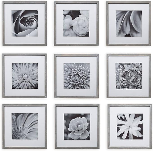 GALLERY PERFECT 12x12 Picture Frames, 9 Piece Set with Real Glass Cover for 8x8 Photos With Mat, Picture Frames Collage Wall Decor for Gallery Wall, Home Decor, Grey