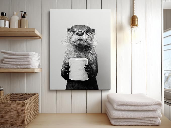 Black and White Bathroom Wall Art Canvas Framed Painting Otter with Toilet Paper Roll Humorous Animal Poster Wall Decor Artwork for Bathroom Guest Bath Decor 16x24 Inches