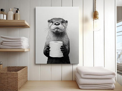 Funny Bathroom Wall Art Canvas Framed Print Black and White Otter Holding Toilet Paper Whimsical Animal Wall Decor Artwork for Bathroom Powder Room Kids Bathroom 12x16 Inches