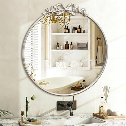 Besdomus Antique Large Wall Mirror: 27" Champagne Silver Bow Vintage Wall Mounted Mirror - Baroque Traditional Ornate for Fireplace/Bathroom/Living Room - Wall Decor for Teen Girl