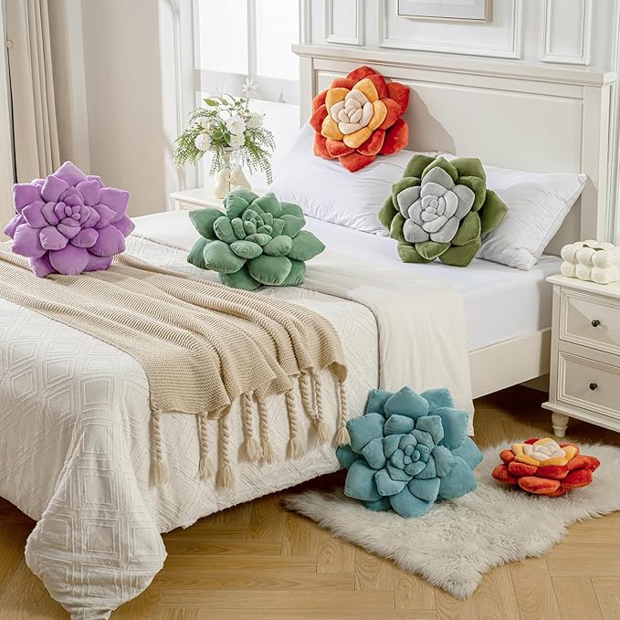 3D Plant Pillow 17.7'' Cute Flower Throw Pillow Blue Plant Shaped Decor Soft Unique Plush Decorative Pillow Throw Cushions for Bedroom Home Decorations