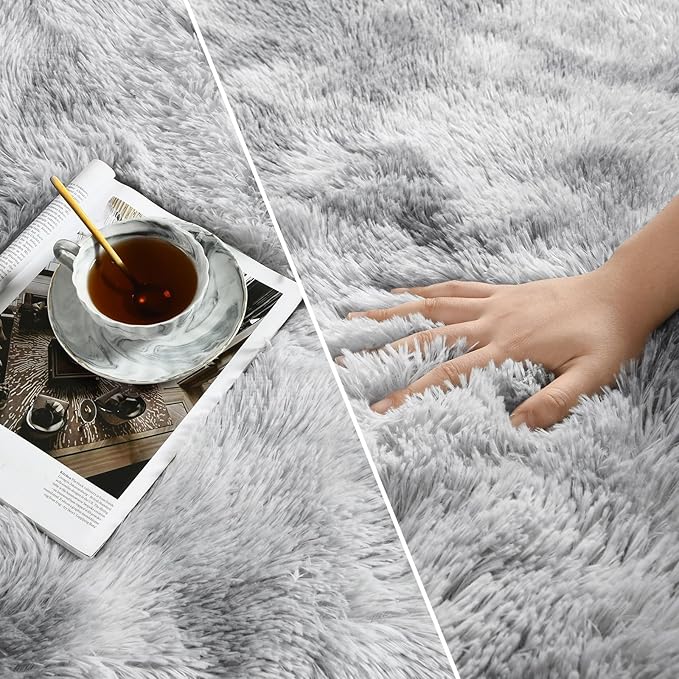 Deerhoo Large Shag Area Rugs 10 x 14, Tie-Dyed Plush Fuzzy Rugs for Living Room, Ultra Soft Fluffy Furry Rug for Bedroom, Anti-Skid Indoor Carpet Nursery Rugs for Kids Room Home Decor, Light Grey