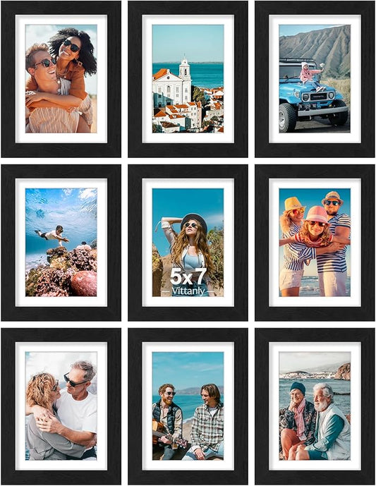Vittanly 5x7 Picture Frames Set of 9, Shatter Resistant Plexiglass, Display 4x6 Pictures with Mat or 5x7 without Mat, Photo Frames for Wall or Tabletop, Engineered Wood, Black