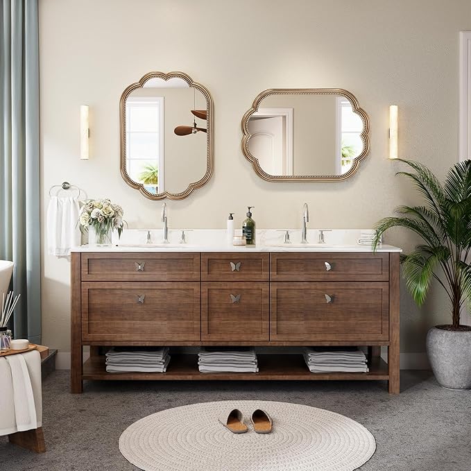 Scalloped Gold Mirror for Bathroom, 23" x 35" Antique Brass Mirror, Vintage Gold Mirrors with Beaded for Over Sink, Bedroom, Living Room, Fireplace, Entryway, Hangs Horizontally or Vertically