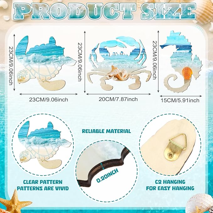 Tatuo 3 Pcs Summer Coastal Wall Decor Bathroom Beach Blue Wall Art Sea Turtle Surfboard Seahorse Starfish Seashell Conches Crabs Sea Life Decor for Bedroom Home (Turtle,Seahorse,Crab)