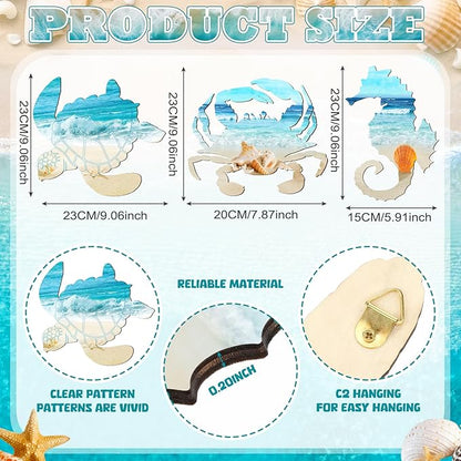 Tatuo 3 Pcs Summer Coastal Wall Decor Bathroom Beach Blue Wall Art Sea Turtle Surfboard Seahorse Starfish Seashell Conches Crabs Sea Life Decor for Bedroom Home (Turtle,Seahorse,Crab)