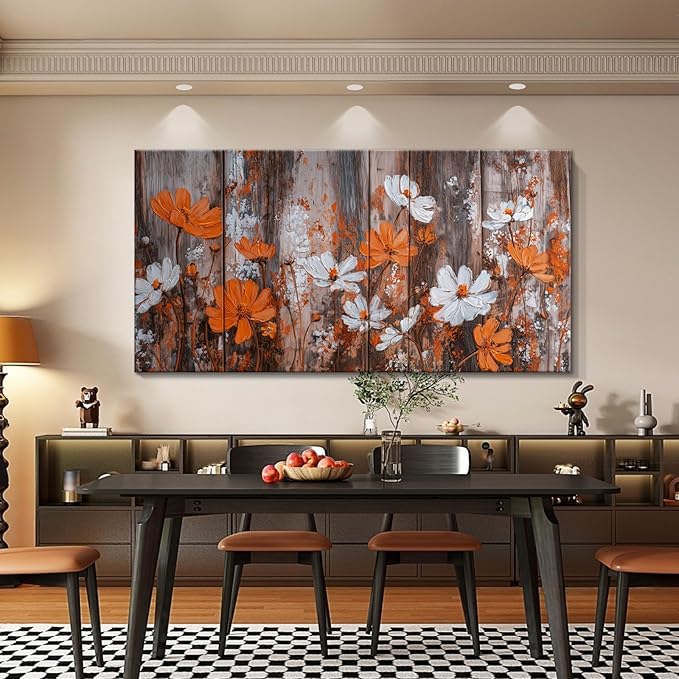 BQVCT Rustic Floral Wall Art 20x40 Inch Large Gallery Wrapped Canvas Print Orange & White Flowers on Wood Background Ready to Hang for Living Room Bedroom Office