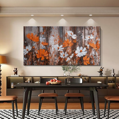 BQVCT Rustic Floral Wall Art 24x48 Inch Large Gallery Wrapped Canvas Print Orange & White Flowers on Wood Background Ready to Hang for Living Room Bedroom Office