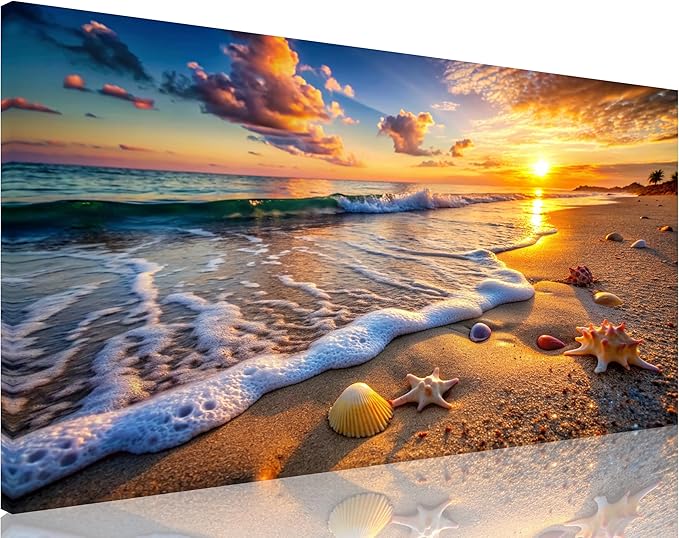 TutuBeer 1 Panel Beach Picture Beach Wall Art Blue Sea Sunset with Starfish Ocean Canvas Painting Sea Artwork for Walls Seascape the Pictures for Home Decor Wall Decor Ready to Hang 8x16inch