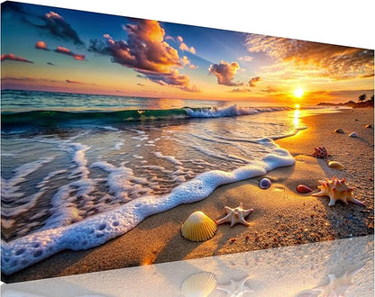 TutuBeer 1 Panel Beach Picture Beach Wall Art Blue Sea Sunset with Starfish Ocean Canvas Painting Sea Artwork for Walls Seascape the Pictures for Home Decor Wall Decor Ready to Hang 8x16inch