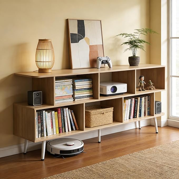 Lightdot 65 Inch TV Stand, up to 75 Inch TVs, Large Storage for Collection with 8 Open Shelves, Sturdy Media Console Table for Living Room/Entrance/Kitchen/Sofa Cabinet, Easy Assembly, Walnut