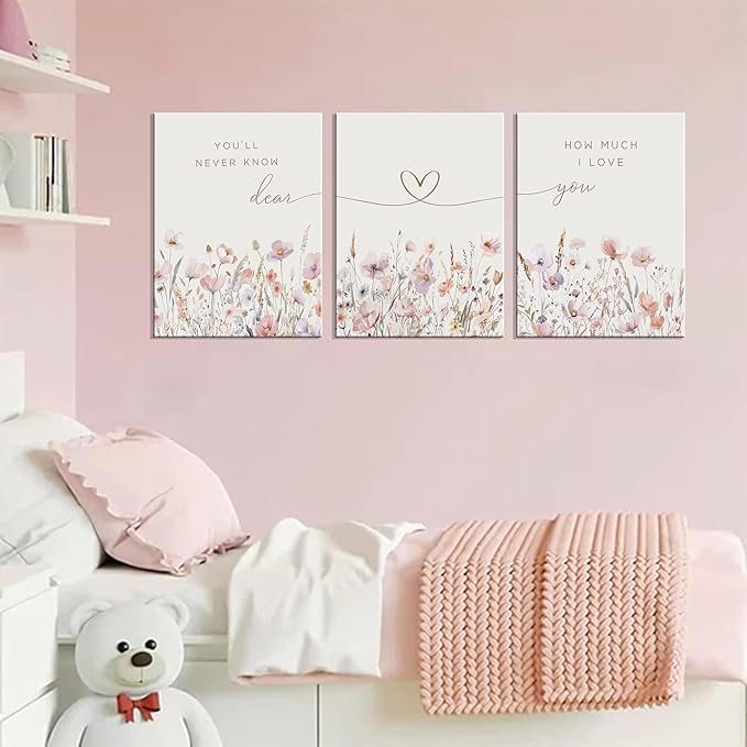 3Pcs Wildflower Nursery Canvas Wall Art Flower Botanical Sentence Poster Painting Picture Wall Decor Boho Girl Nurseries Print Artwork for Nursery Baby Room Living Room Bedroom Home Decoration12x16in