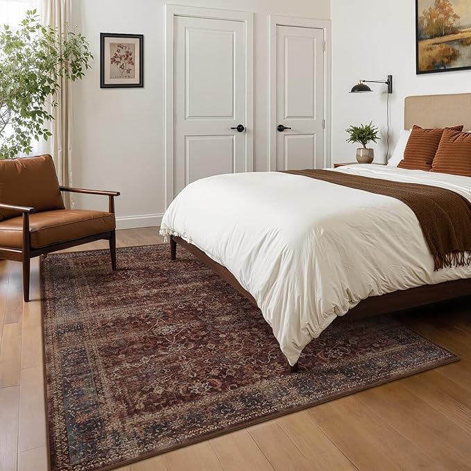 Moody Brick Area Rugs 5x7, Distressed Oriental Living Room Rug Washable, Non Slip Low Pile Thin Carpet Rugs for Bedroom/Dining Room/Home Office/Kitchen, Vintage Brick Red Stain-Resistant