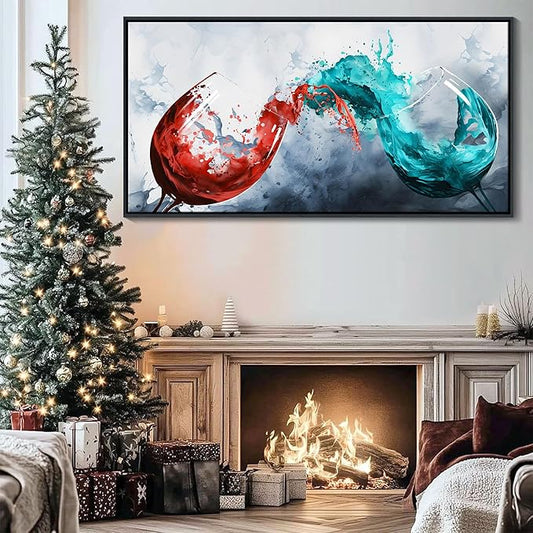 Framed Blue & Red Wine Glass Collisions Canvas Art | 24x48 inches | Modern Kitchen & Dining Room Decor | Abstract Wine Cup Painting | Contemporary Bar & Living Room Wall Art | pictures wall decor