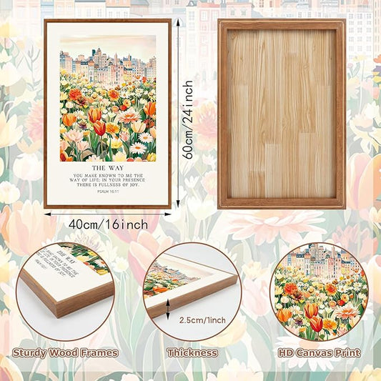 KAlRNE Christian Floral Framed Canvas Wall Art Set of 3(16”X24”),Bible Verse Cityscape Wall Decor,Vintage Colorful Flower Picture Inspirational Scripture Art Prints For Living Room Bedroom Church