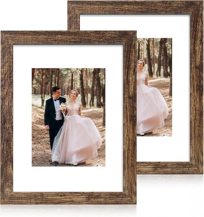iRahmen 9x12 Picture Frame with Mat 6x8 - High Definition Tempered Glass Wooden Photo Frames for Tabletop Display and Wall Mounting (Brown, Set of 2)