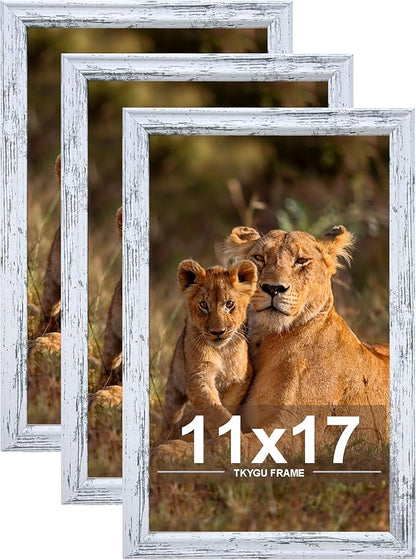 11x17 Picture frame set of 3,Woode frames Rustic White Wall Mounting Horizontally or Vertically, 11 by 17 Wall Gallery Poster Photo Frame with Shatter Resistant Plexiglass,best gift