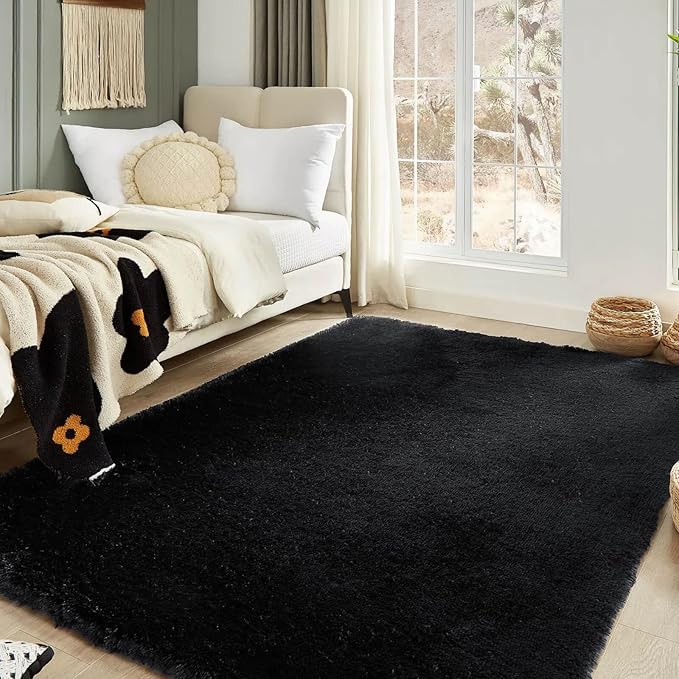 Floralux 5x7 Rug for Bedroom in Black, Ultra-Soft Fluffy Shag Area Rugs for Living Room, Modern Non-Slip Shaggy Floor Carpet for Teens Dorm, Bedside, Playroom, Nursery, Home Decor Aesthetic
