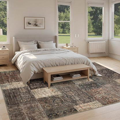 Vintage Washable Area Rug for Living Room,Low Pile 8x10 Non Slip Carpet Non-Shedding Area Rug Soft Indoor Stain Resistant Rug Floral Print Mat for Bedroom Dining Room 084-Brown