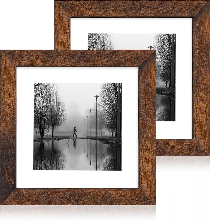 iRahmen 8x8 Picture Frame with Mat 6x6 - High Definition Real Glass Wooden Photo Frames for Tabletop Display and Wall Mounting (Dark Brown, Set of 2)