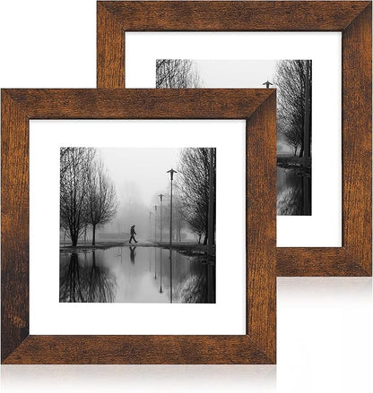 iRahmen 8x8 Picture Frame with Mat 6x6 - High Definition Real Glass Wooden Photo Frames for Tabletop Display and Wall Mounting (Dark Brown, Set of 2)