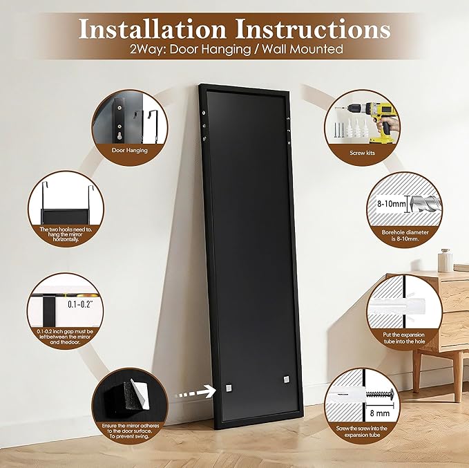 NARCISSUS 47x14 Mirror Door Hanging Full Length,Over Door or Wall Mounted Aluminum Alloy Frame Tempered Glass Rectangle Full Body Mirrors for Bedroom Dressing Living Room Bathroom 47 inch Black