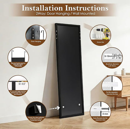 NARCISSUS 47x14 Mirror Door Hanging Full Length,Over Door or Wall Mounted Aluminum Alloy Frame Tempered Glass Rectangle Full Body Mirrors for Bedroom Dressing Living Room Bathroom 47 inch Black
