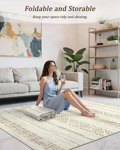 Miukiki 4x6 Area Rug for Living Room Moroccan Washable Rugs Non Slip Indoor Floor Carpet Foldable Large Soft Area Rug for Dining Room Bedroom with Low Pile(Brown,4'x6')