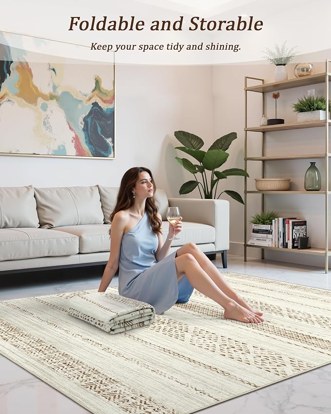 Miukiki 9x12 Area Rug for Living Room Moroccan Washable Rugs Non Slip Indoor Floor Carpet Foldable Large Soft Area Rug for Dining Room Bedroom with Low Pile(Brown,9'x12')