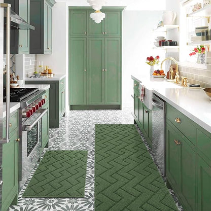 hicorfe Kitchen Runner Rugs and Mats Sets,2 Pieces Absorbent Non-Slip Kitchen Rug,Comfort Kitchen Mat for Floor,Washable for Kitchen,Hallway,Office,Sink,Laundry(20"x59"+20"x32",Green)